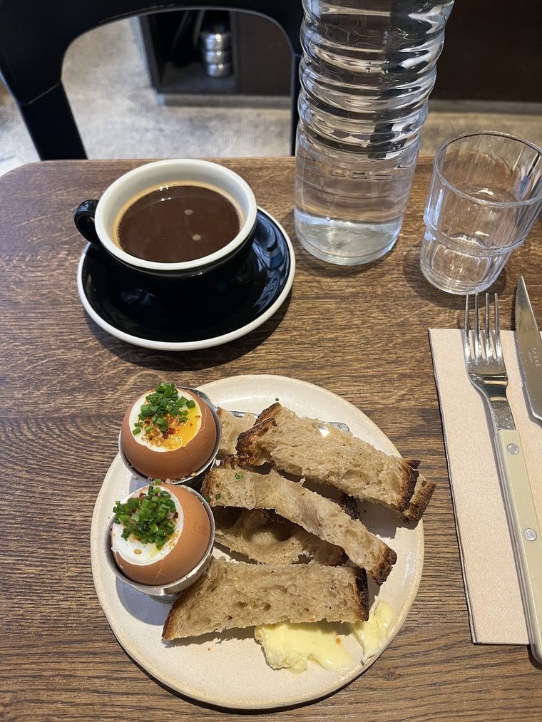 Soft-boiled eggs with toasted sourdough and butter